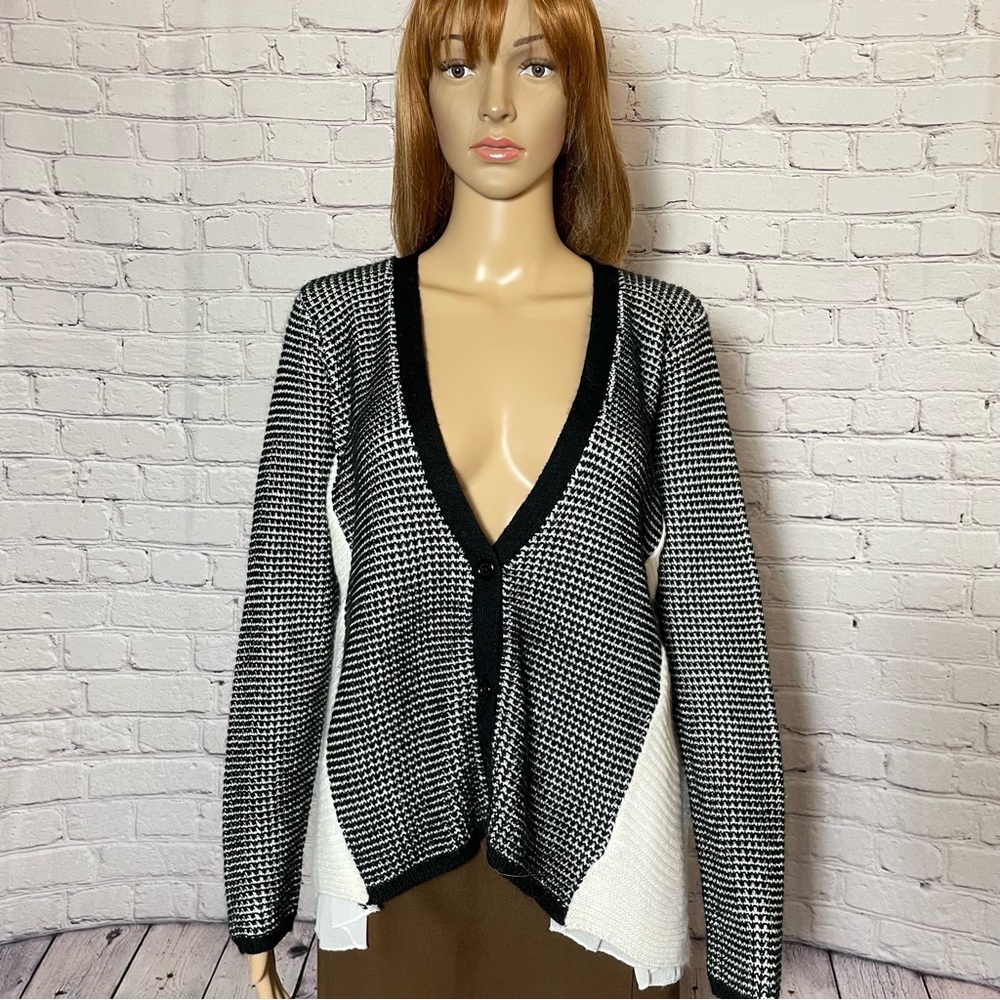 Finn & Clover Peek-A-Boo Chiffon Back Front Button Closure Cardigan Size M